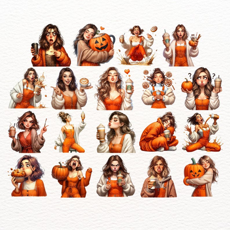 May include: A set of 20 digital stickers featuring cartoon women in orange and brown outfits with pumpkins, coffee cups, and other fall-themed imagery.
