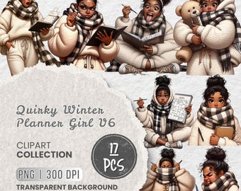 Quirky Winter Planner Black Girl Clipart, Cozy Neutral Black Girl Planning, Journaling Black Woman, Crafts, Projects, Sublimation