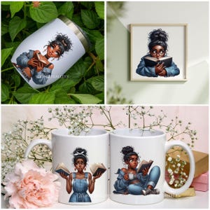 May include: Two white ceramic mugs with a black and brown cartoon illustration of a woman reading a book. The mugs have a black handle and are sitting on a white surface with white flowers.
