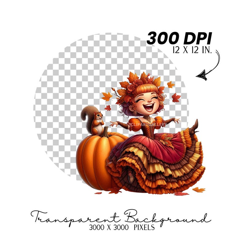 May include: A whimsical illustration of a cartoon character in a layered red and orange dress, adorned with autumn leaves. A large orange pumpkin and a squirrel are beside the character. The image is labeled "300 DPI 12 X 12 IN." and "Transparent Background 3000 X 3000 PIXELS."