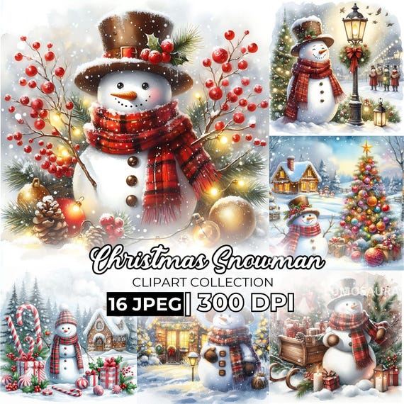 Christmas Snowman in Winter Scenery Clipart, Cute Snowman, High Quality, JPGs Digital download, Paper craft, Junk Journals, Paper Crafts