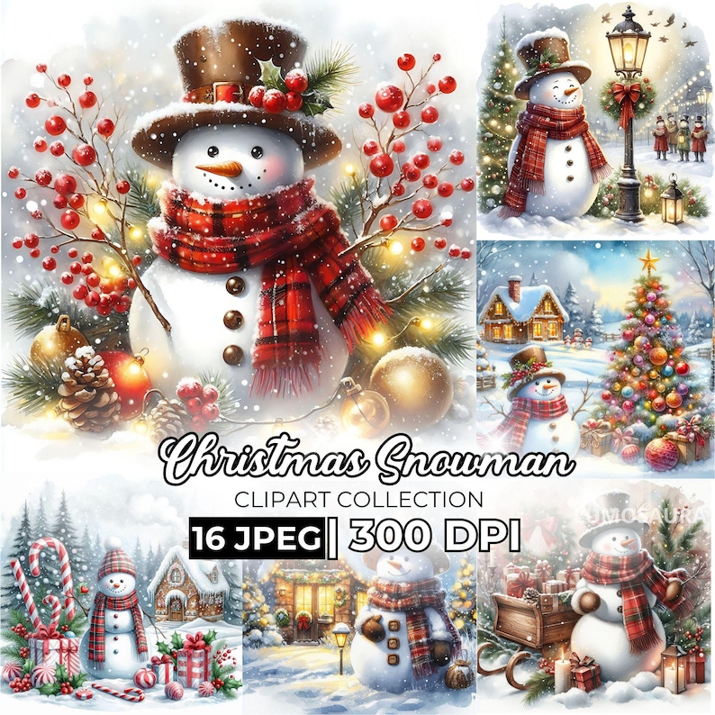 May include: A digital art collection featuring a snowman wearing a brown top hat and a red plaid scarf. The snowman is surrounded by Christmas decorations, including berries, pinecones, and string lights. The text "Christmas Snowman" is displayed.