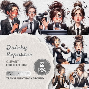 Quirky Reporter Clipart Png Bundle, Rolig Nyhetsankare, Söt Kvinnlig Reporter Illustration, Journalist Tecknad Sublimering, Hantverk & T-shirts