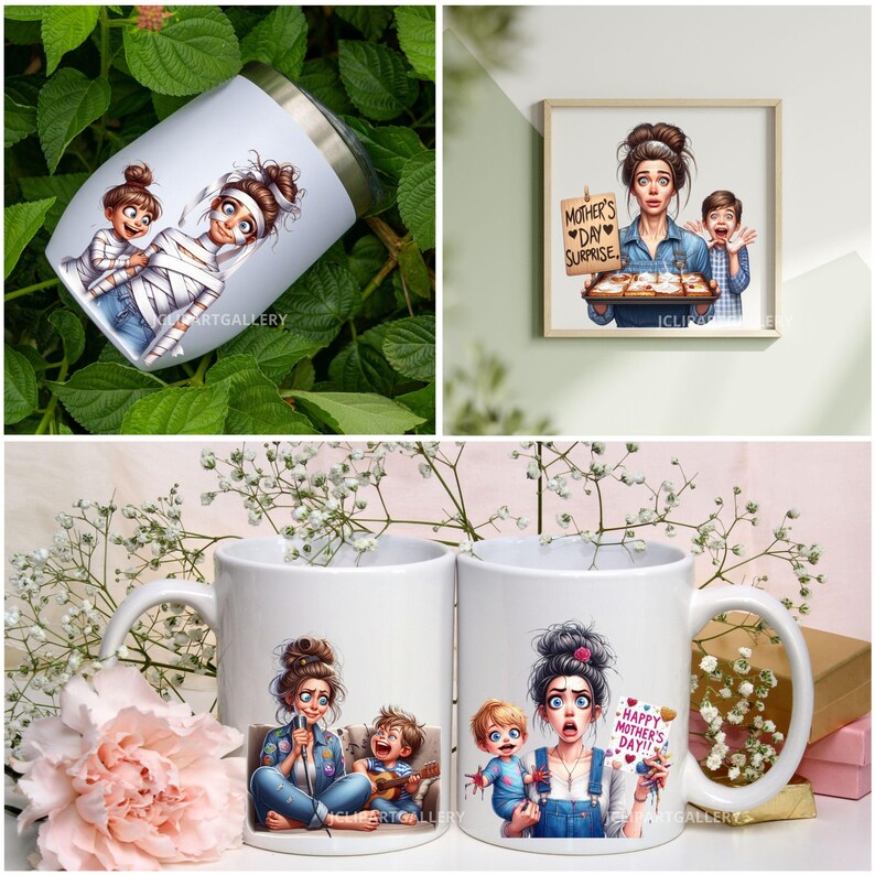 May include: Two white ceramic mugs with illustrations of mothers and children. The mugs are on a white surface with white flowers. The mug on the left features a woman with long brown hair wearing a blue shirt and holding a microphone. A boy with brown hair is holding a guitar. The mug on the right features a woman with long black hair wearing a blue and white shirt and holding a sign that says "Happy Mother's Day!!". A boy with brown hair is holding a red heart.