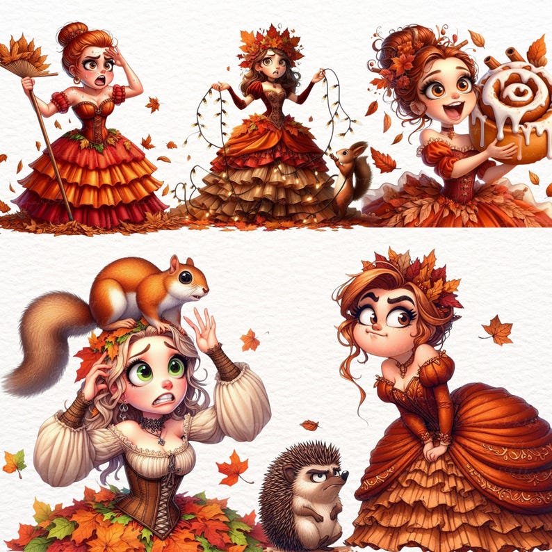 May include: A whimsical illustration featuring several cartoon women in autumn-themed dresses. The dresses are layered in shades of orange, brown, and gold, with leaf accents. Squirrels and a hedgehog are also present, adding to the fall theme.
