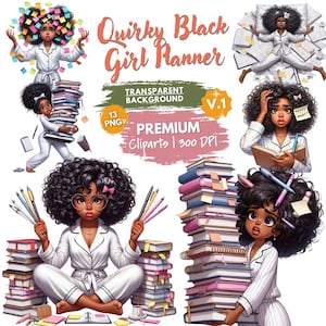 Quirky Planner Black Girl Png Clipart, Watercolor Planner Lover Clipart, Funny Girl Clipart, Afro-American Girl, Cozy Pastel Planning, Craft