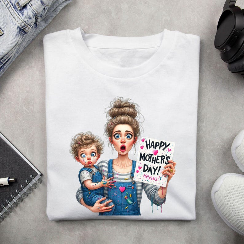 May include: White t-shirt with a colorful illustration of a mother and child. The mother is holding the child and both are covered in paint. The child is holding a sign that says "Happy Mother's Day! Heroes!"