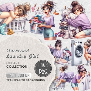 Chica lavando ropa, chica divertida y abrumada, conjunto de imágenes de tareas domésticas, chica agotada, chica peculiar, pegatinas, álbum de recortes, sublimación