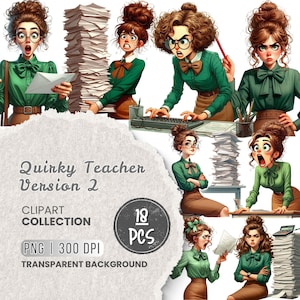 Może przedstawiać: Cyfrowa kolekcja clipartów zatytułowana "Quirky Teacher Version 2". Obraz przedstawia wiele ilustracji nauczycielki w zielonej bluzce i brązowej spódnicy, wyrażającej różne emocje. Kolekcja zawiera 18 elementów i jest w formacie PNG z przezroczystym tłem.