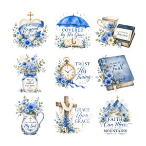 May include: A collection of nine watercolor illustrations featuring blue floral arrangements and religious motifs. Elements include a heart with a ribbon, an umbrella, a teacup, a mason jar, a pocket watch, a book, a pitcher, a cross, and mountains.