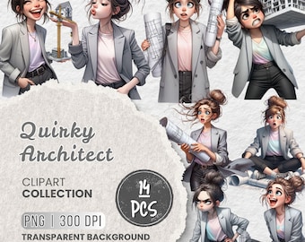 Quirky Architect Clipart, Funny Architecture Girl Illustrations, Digital PNG Stickers for Planners, Scrapbooking & Creative Projects