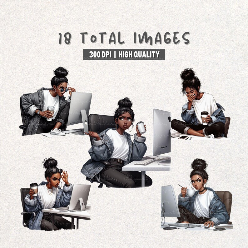 Coffee Working Woman Clipart, Cute Office Black Girl PNG, Coffee Lover ...