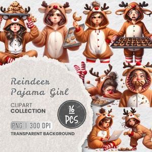 Reindeer Pajama Girl Clipart, Cute Christmas Cookie, Cozy Holiday Stickers, Holiday Season, Quirky Girl, Projects, Planner, Sublimation, DIY