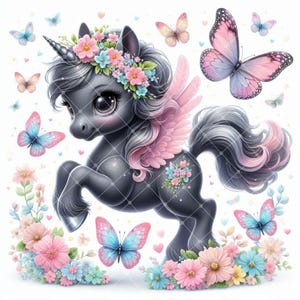 May include: A whimsical illustration of a dark gray unicorn with a floral crown and pink wings. Butterflies in shades of pink, blue, and peach surround the unicorn, which is set against a white background. Flowers in pastel colors are at the bottom.