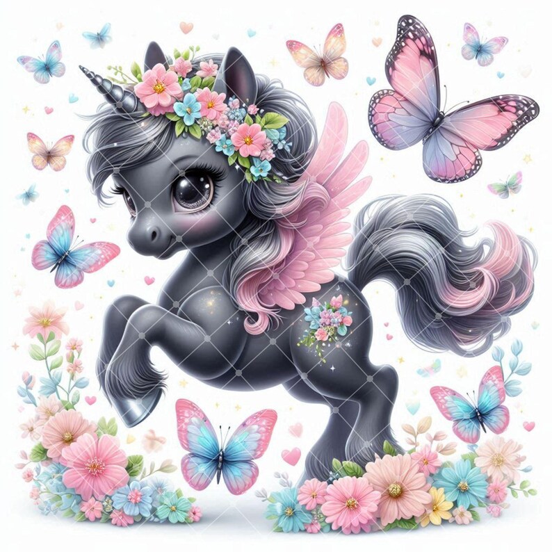 May include: A whimsical illustration of a dark gray unicorn with a floral crown and pink wings. Butterflies in shades of pink, blue, and peach surround the unicorn, which is set against a white background. Flowers in pastel colors are at the bottom.
