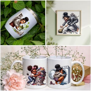 May include: Two white ceramic mugs with colorful illustrations of a woman with curly hair. One mug shows the woman holding a laundry basket full of clothes. The other mug shows the woman putting clothes into a washing machine. The text "JCL ART GALLERY" is visible on the bottom of both mugs.