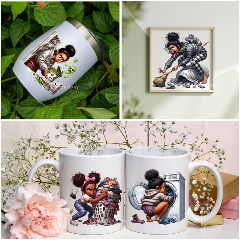May include: Two white ceramic mugs with colorful illustrations of a woman with curly hair. One mug shows the woman holding a laundry basket full of clothes. The other mug shows the woman putting clothes into a washing machine. The text "JCL ART GALLERY" is visible on the bottom of both mugs.