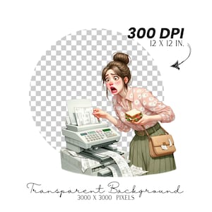K&ouml;nnte beinhalten: Digitale Illustration einer schockierten Frau, die ein Sandwich h&auml;lt und neben einem Faxger&auml;t steht. Das Bild enth&auml;lt den Text "300 DPI 12 X 12 IN." und "Transparent Background 3000 X 3000 PIXELS."