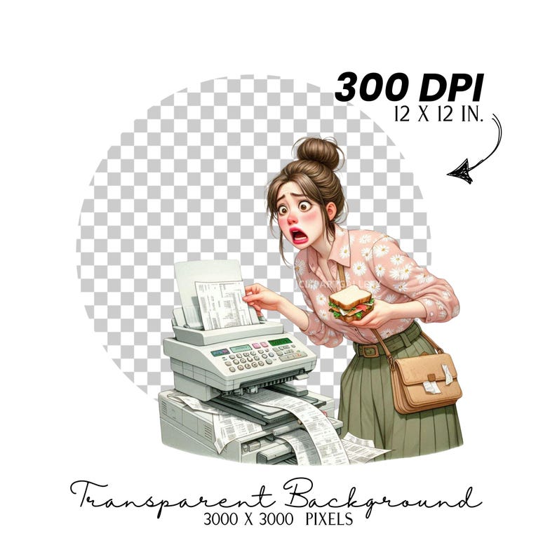 K&ouml;nnte beinhalten: Digitale Illustration einer schockierten Frau, die ein Sandwich h&auml;lt und neben einem Faxger&auml;t steht. Das Bild enth&auml;lt den Text "300 DPI 12 X 12 IN." und "Transparent Background 3000 X 3000 PIXELS."