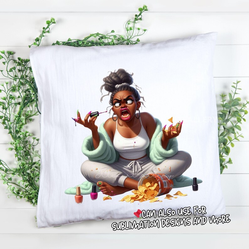 May include: White pillow with a cartoon illustration of a woman in a robe, applying nail polish. She is surrounded by spilled chips and nail polish bottles. Text at the bottom reads "CAN ALSO USE FOR SUBLIMATION DESIGNS AND MORE."