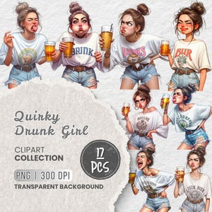 Könnte beinhalten: Digitale Clipart-Sammlung mit dem Titel "Quirky Drunk Girl". Das Bild zeigt Illustrationen von Frauen in zerrissenen Jeansshorts und weißen T-Shirts, die Bier halten. Die Sammlung umfasst 17 PNG-Bilder mit transparentem Hintergrund.