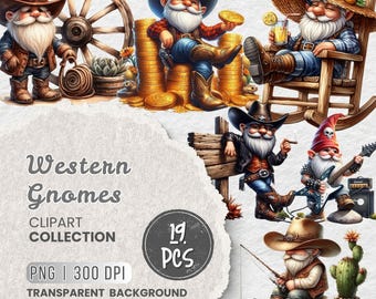 May include: A digital clipart collection titled "Western Gnomes" featuring various gnome illustrations in cowboy attire. The gnomes are depicted in different poses, including fishing, playing guitar, and relaxing. The collection includes 19 PNG images with a transparent background.