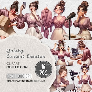 May include: A digital clipart collection labelled "Quirky Content Creator" showing illustrations of a woman in different poses. The images include a woman with a phone, a microphone, and a laptop. The collection includes 16 PNG images with a transparent background.