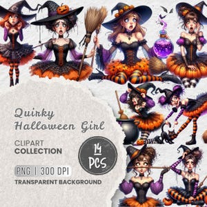 Quirky Halloween Witch Girl Clipart, Halloween Costume, Cute Spooky Art, Funny Girl Clipart for Stickers, Crafts, Sublimation, Projects
