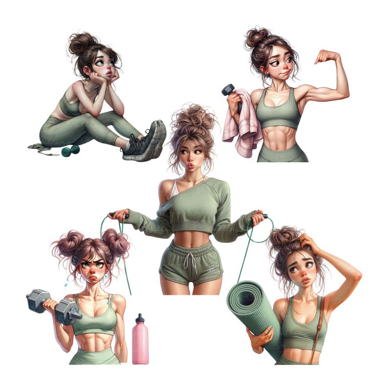 Funny Girl Exercising, Gym Girl Workout Png, Fitness Girl Clipart, Self Care png, Whimsical Girls, Workout Graphics, Sublimation, Scrapbook image 8