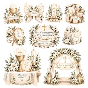 May include: A digital collection of religious illustrations featuring a chalice, angel wings, candles, a Bible in a basket, rosary beads, a gift box, and an archway. Text includes Blessed & Chosen, Heavenly Blessings, Light of Faith, A Treasured Blessing, Guided by Grace, First Communion/Confirmation Bundle, A Special Day of Faith, Remember His Love, and Walk in His Light.