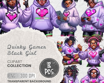 Clipart de chica gamer, paquete PNG de mujer negra, pegatinas DIY (descarga digital)