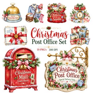 Può includere: Una collezione digitale di illustrazioni a tema natalizio con una cassetta delle lettere rossa, un'insegna dell'ufficio postale, un sacco di lettere per Babbo Natale, regali, una campana in ottone e buste con il testo Christmas Post Office Set.