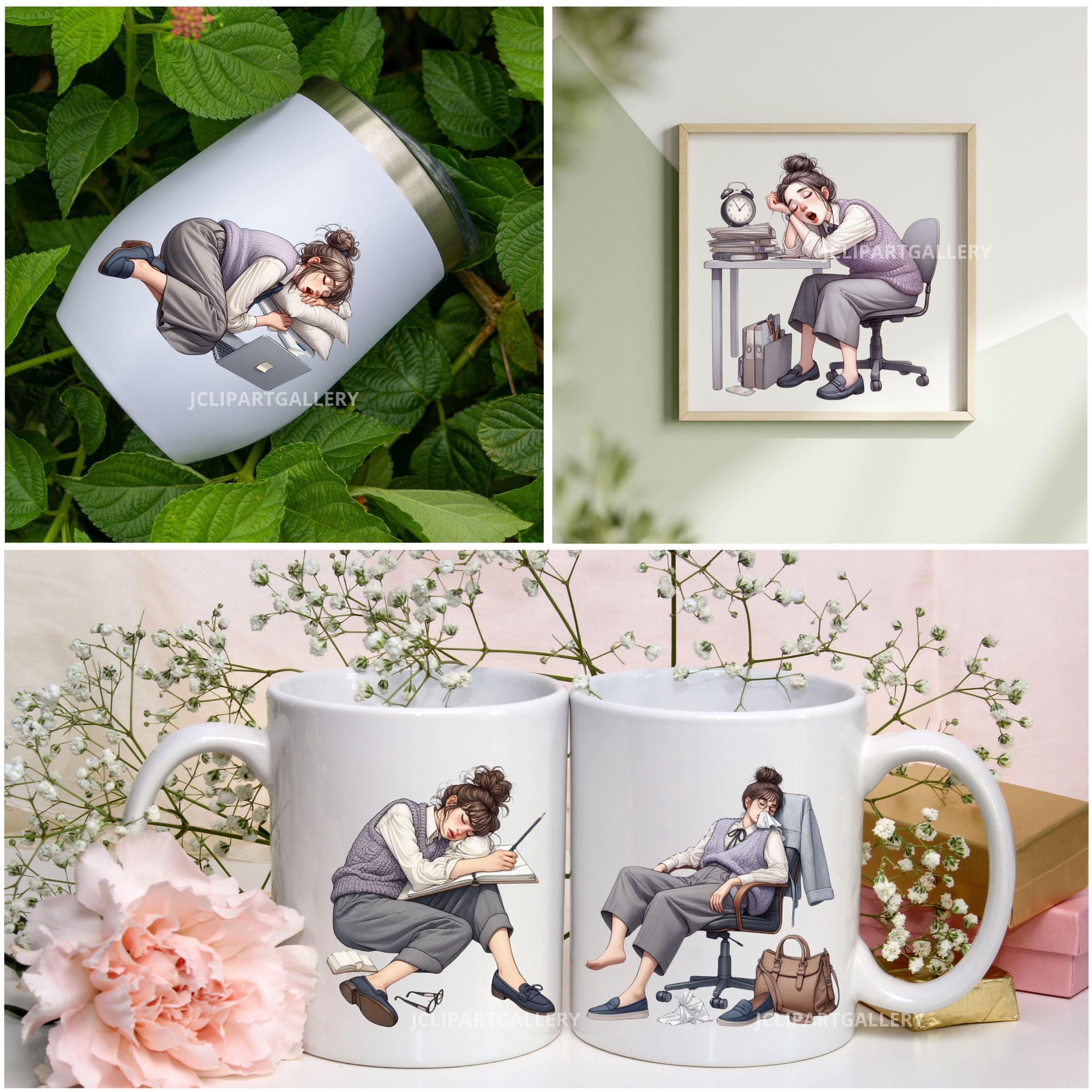 Sleepy Office Girl Clipart, Falling Asleep at Desk PNG Set, Tired ...