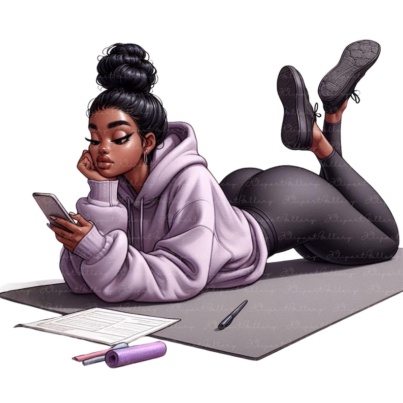 May include: Illustration of a person in a lavender hoodie and black leggings, lying on a gray mat, looking at a smartphone. A pen, documents, and a purple yoga mat are also on the mat. Black sneakers are visible.