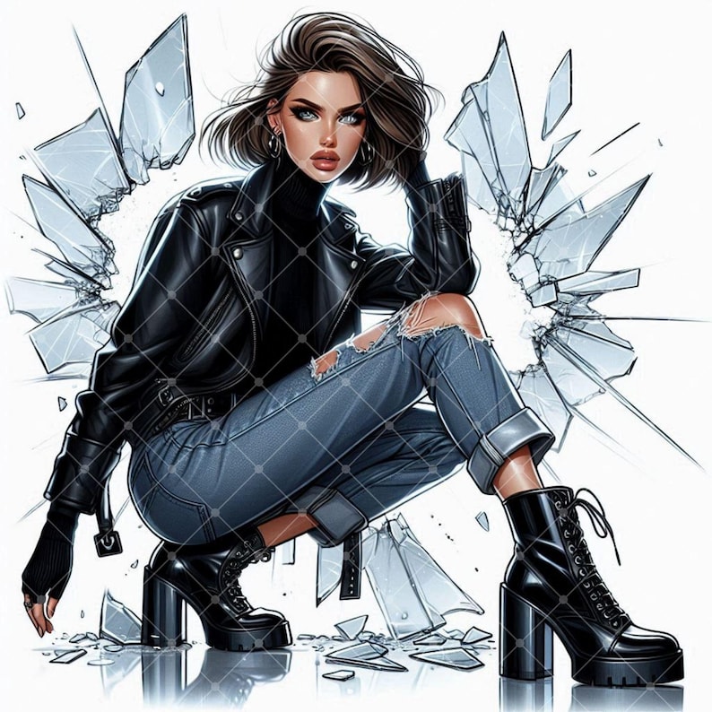 May include: A woman in a black leather jacket and ripped blue jeans poses with a shattered glass background. She is wearing black heeled boots with laces.