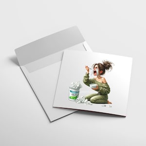 May include: A woman in green pajamas sits on the floor with a bowl of yogurt and a spoon. She is crying and has yogurt on her face. The yogurt container is labeled "Greek" and is on the floor next to her. There are crumpled tissues scattered around her.