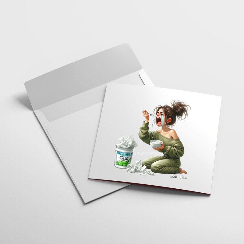 May include: A woman in green pajamas sits on the floor with a bowl of yogurt and a spoon. She is crying and has yogurt on her face. The yogurt container is labeled "Greek" and is on the floor next to her. There are crumpled tissues scattered around her.