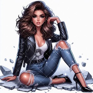 May include: A woman wearing a black leather jacket, ripped blue jeans, and black high heels. She is sitting on a broken concrete surface.