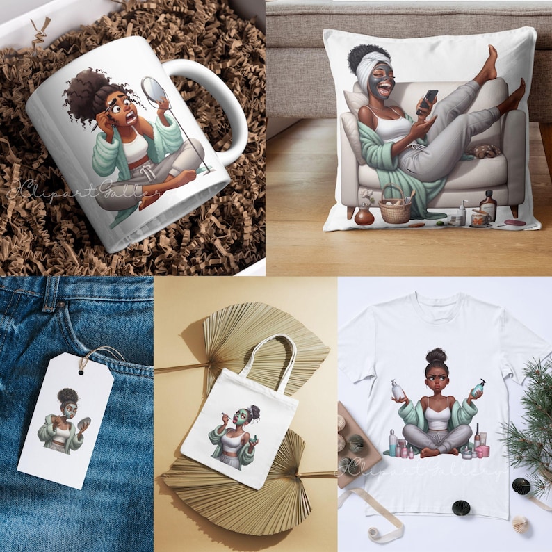 May include: Collection of self-care themed products featuring illustrations of a woman. Includes a white mug, a throw pillow, a white tote bag, a white t-shirt, and a tag. The illustrations depict the woman in various relaxing poses, using skincare products.