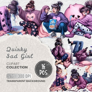 May include: A digital clipart collection titled "Quirky Sad Girl" featuring illustrations of a young person in various poses, wearing purple sweaters and pajamas. The collection includes 16 PNG images with a transparent background, ideal for digital art projects.
