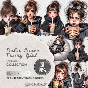 Cute Boba Lover Girl PNG Clipart Bundle, Cozy Girl, Cute Bubble Tea PNG Illustration for Sublimation, Crafts, Stickers, and Digital Project