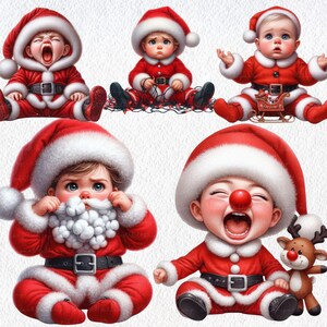 May include: A collection of five digital illustrations of babies dressed in Santa Claus outfits. Each baby is wearing a red suit with white trim, a black belt, and a Santa hat. One baby is holding a reindeer toy.