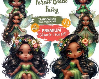 Green Forest Fairy Clipart PNG Bundle, Dark Skin Fairies PNG, African American Fairy Princess with Floral Crowns, Black Woman, Cute Fairies