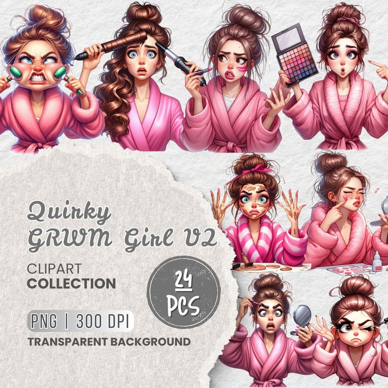 Grwm Girl Clipart Bundle PNG, lustiger Self-Care-Charakter, schrullige Make-up- und Haar-Routine-Illustration, schrullige Mädchen Clipart, Sublimation, Handwerk Bild 1