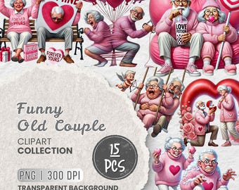 Rolig akvarell Alla hjärtans dag gammalt par Clipart-paket, nyckfullt morförälderklistermärke, bedårande kärlekshjärtan PNG för dekoration, kommersiellt bruk
