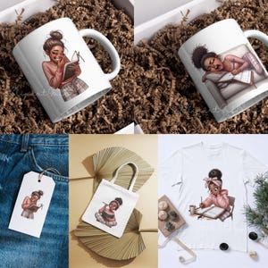 Peut inclure: Plusieurs articles, dont des mugs en c&eacute;ramique blanche, un sac fourre-tout, un t-shirt et une &eacute;tiquette, avec des illustrations d'une femme lisant et &eacute;crivant. La femme a les cheveux fonc&eacute;s et porte diff&eacute;rentes tenues. Le sac est petit et blanc.