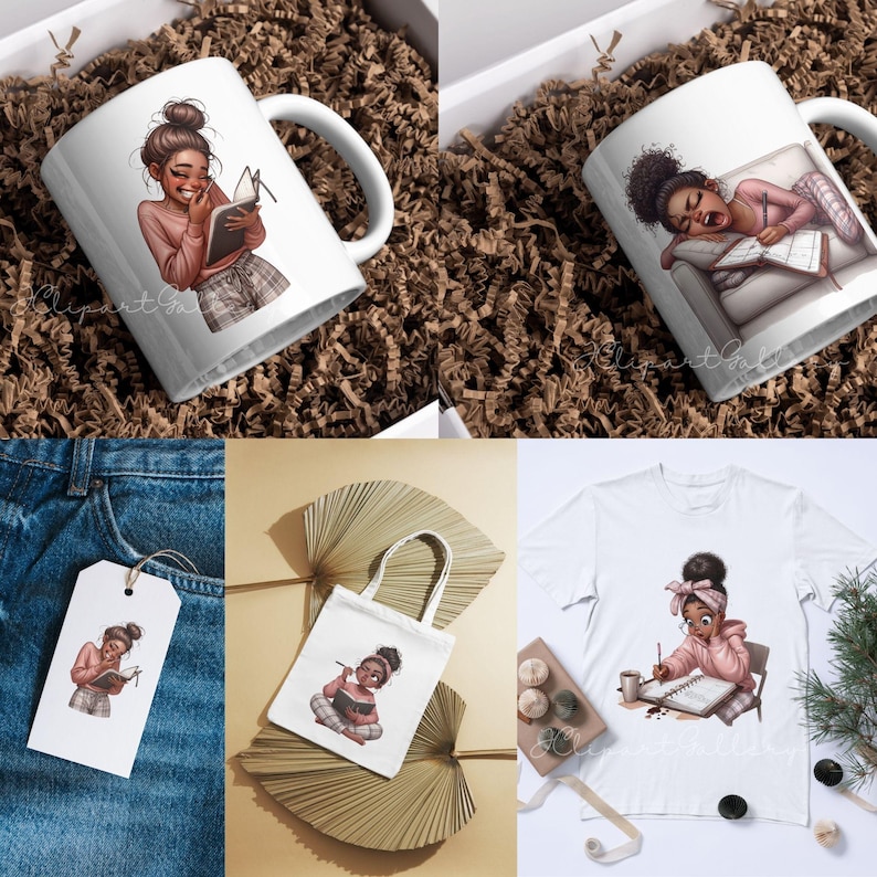 Peut inclure: Plusieurs articles, dont des mugs en c&eacute;ramique blanche, un sac fourre-tout, un t-shirt et une &eacute;tiquette, avec des illustrations d'une femme lisant et &eacute;crivant. La femme a les cheveux fonc&eacute;s et porte diff&eacute;rentes tenues. Le sac est petit et blanc.