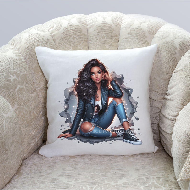 May include: White pillow with a graphic print of a woman with long black hair wearing a black leather jacket and blue jeans. She is sitting on a broken concrete wall with a sparkle effect.