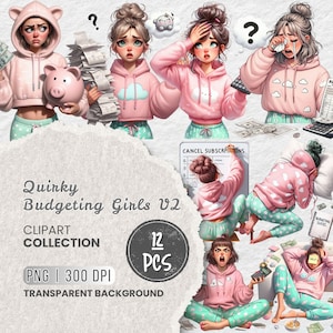 Pode incluir: Coleção de cliparts digitais "Quirky Budgeting Girls V2" com ilustrações de mulheres de desenho animado em moletons rosa e calças de pijama. As imagens retratam várias dificuldades financeiras, com textos como "Cancel Subscriptions" e "Budgeting Sucks". A coleção inclui 12 arquivos PNG com fundo transparente.