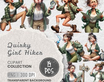 Funny Hiking Woman PNG, Quirky Girl Hiker Clipart Bundle, Adventure Girl, Outdoor Explorer Clipart, Camping Girl, Crafts, Sublimation